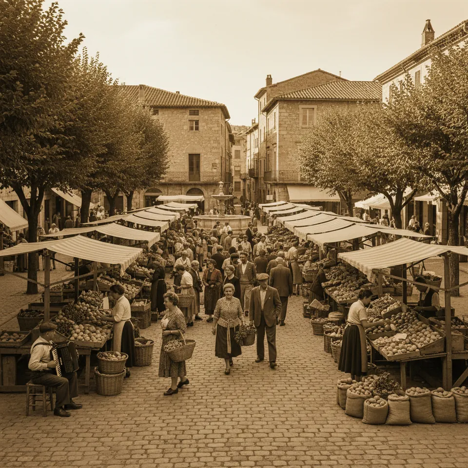 Illustration for Morning at the Outdoor Market in the Piazza