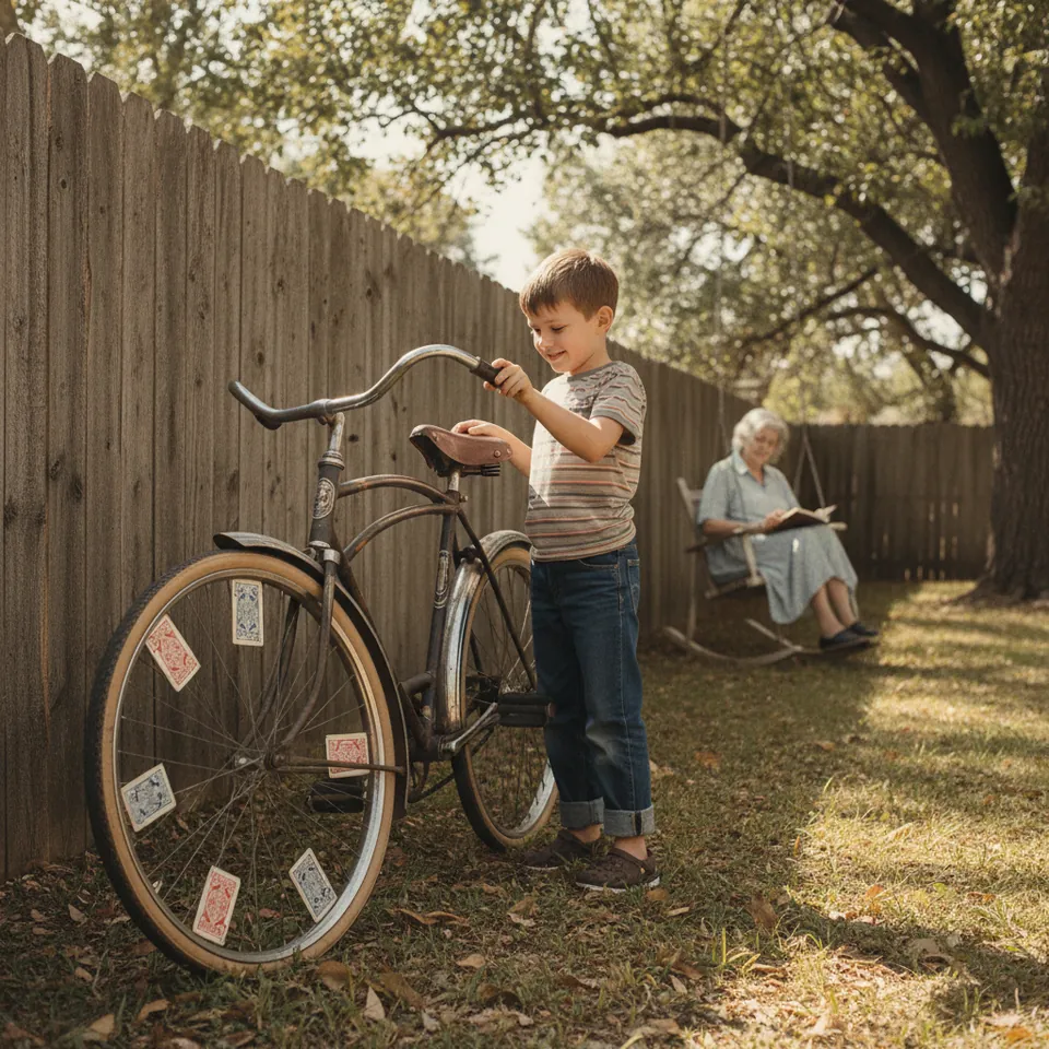 Illustration for The Bicycle with Playing Cards in the Spokes