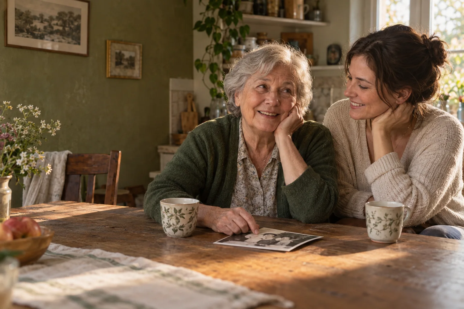 A mother and adult daughter remembering a story together over tea.