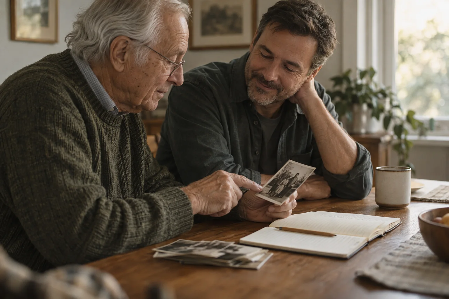 An older father and an adult child looking at an old photograph beside an open notebook.
